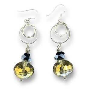 Dangle Earrings Faceted Glass Iridescent Beads Fish Hook Silver Plated